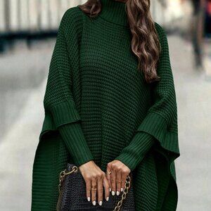 Dark Green Casual Women's Turtleneck Batwing Sleeve Poncho Sweater top